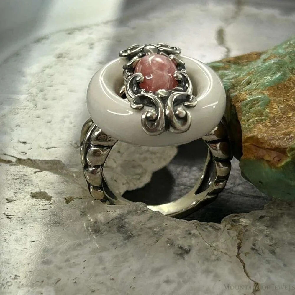 Carolyn Pollack Sterling White Agate & Rhodochrosite Ring Size 5.25 For Women